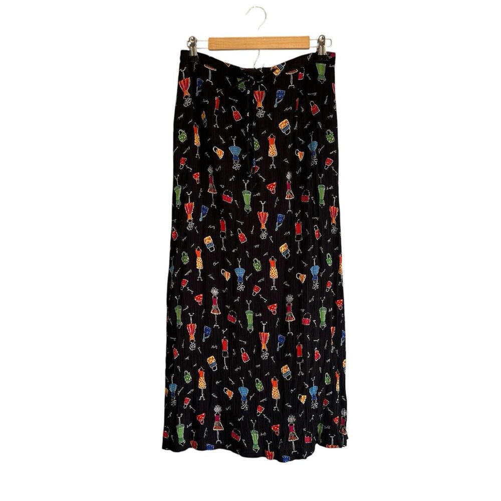 Vintage 90's Stonebridge Crinkle Maxi Skirt Size L Novelty Print Hyper-Feminine